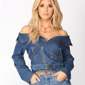 Fashion Nova Denim Off Shoulder Moto Top